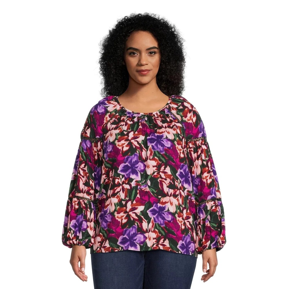 Terra & Sky Floral Peasant Blouse Purple‎ Multicolor 4X 28W-30W EUC